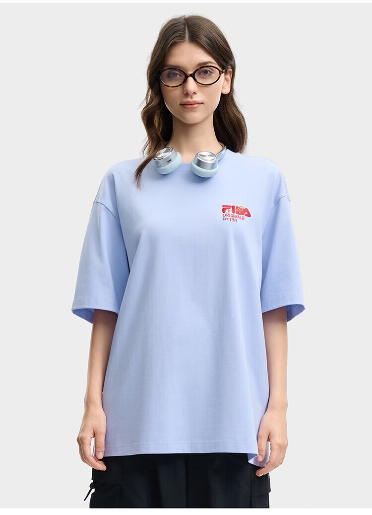 FILA Official Couple's Knitted Short Sleeve Shirt 2026 Summer Fashion Casual Unisex Loose Cat Embroidery T-Shirt 56
