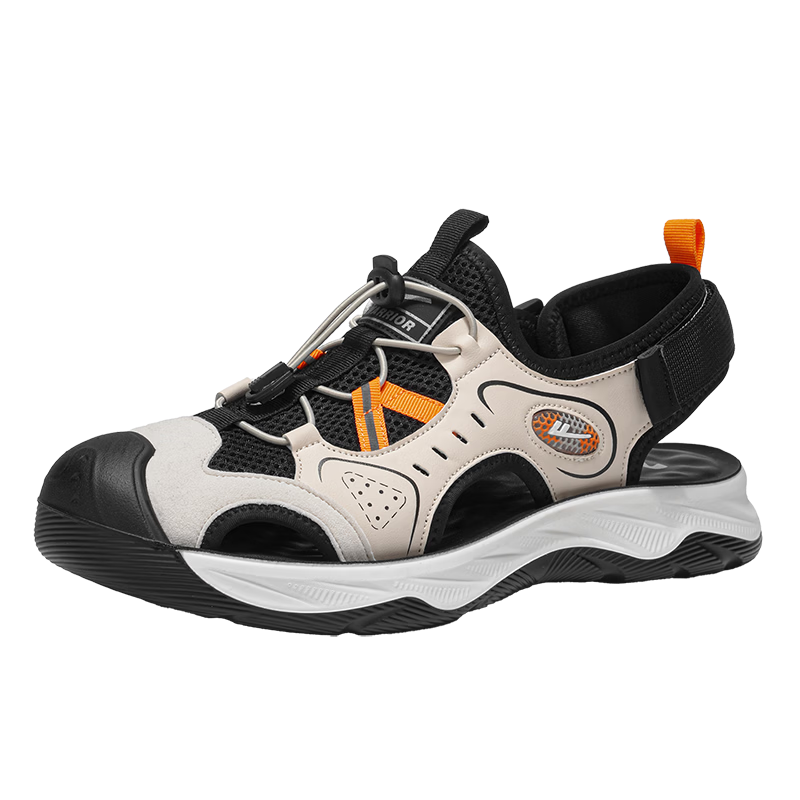 Warrior Men's Summer Breathable Mesh Sandals Closed-Toe Casual Beach Shoes Versatile Outdoor Sandals 1794 Beige Black Size 43