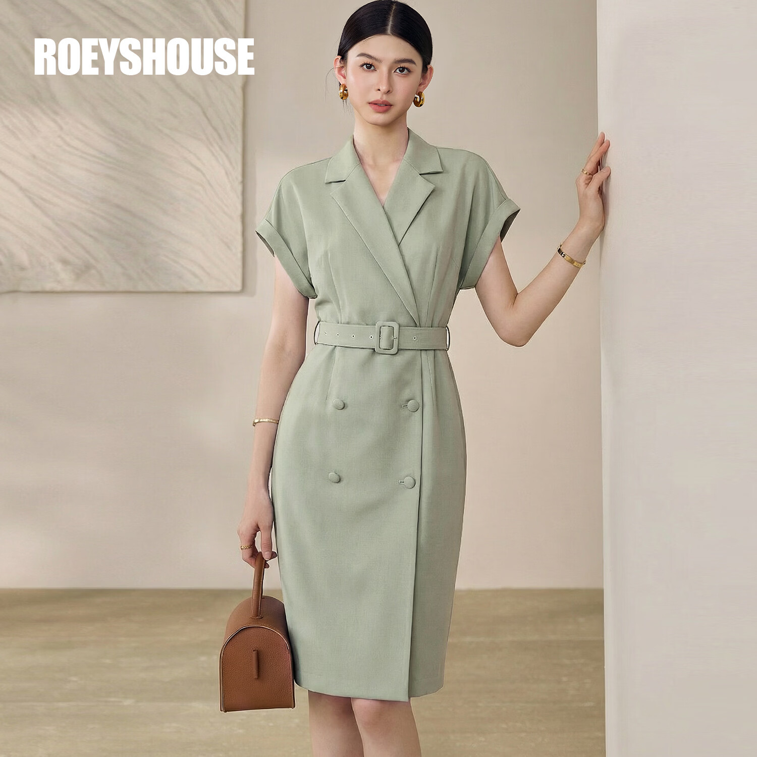 ROEYSHOUSE Tie-Waist Waist-Cinching Dress for Women Summer Elegant Textured Blazer Dress 06473 Bean Green S