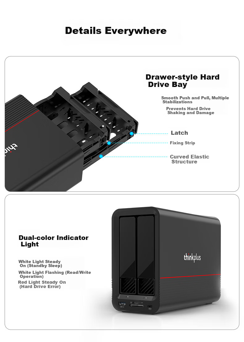 ThinkPlus Lenovo Dual-Bay Hard Drive Enclosure for Macmini/NAS Expansion Storage 2.5/3.5 SATA HDD SSD Case 8