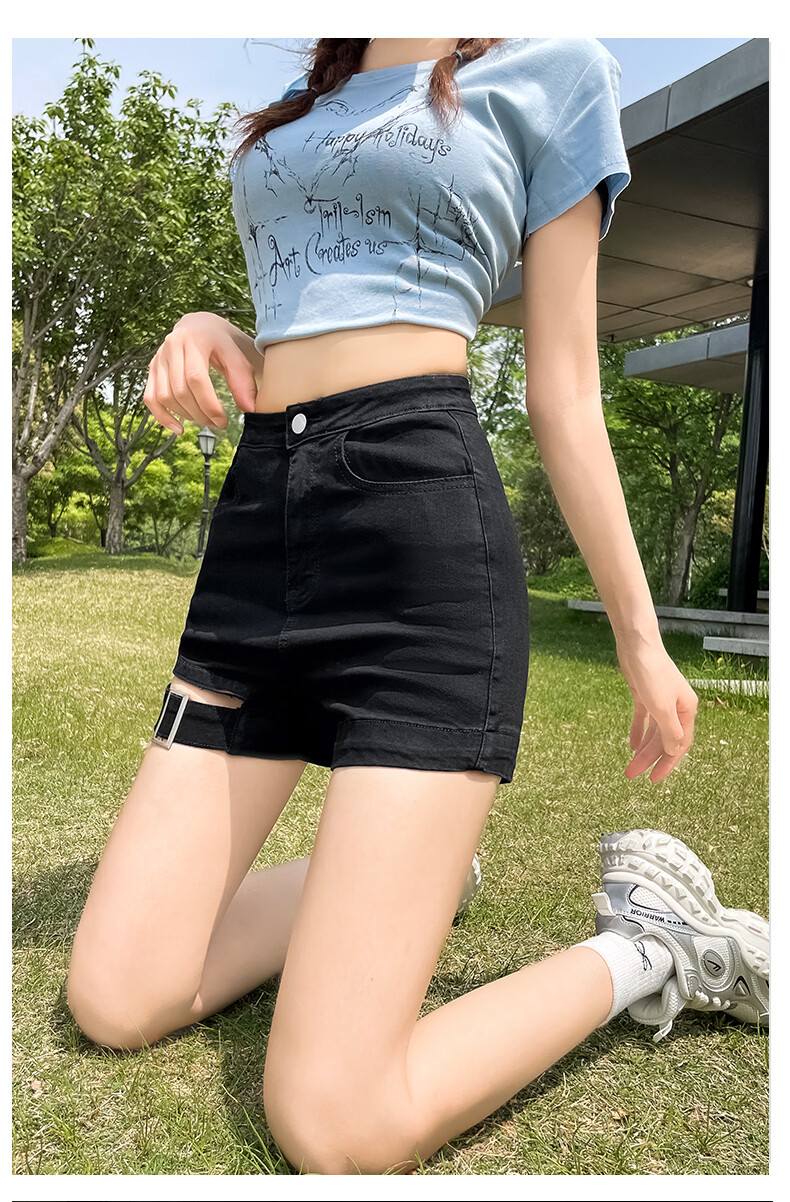 Jeanswest Women's Denim Shorts 2026 Spring Summer High Waist A-Line Slim Functional Style Hot Pants Black M 14