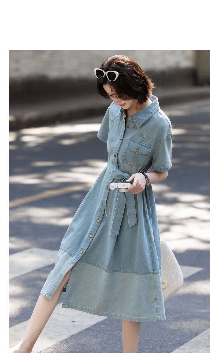 Demana [Cloud Cotton] Summer Urban Commuter Lapel Waist-Pocket Spliced Slim Denim Dress for Women Premium Feel 5