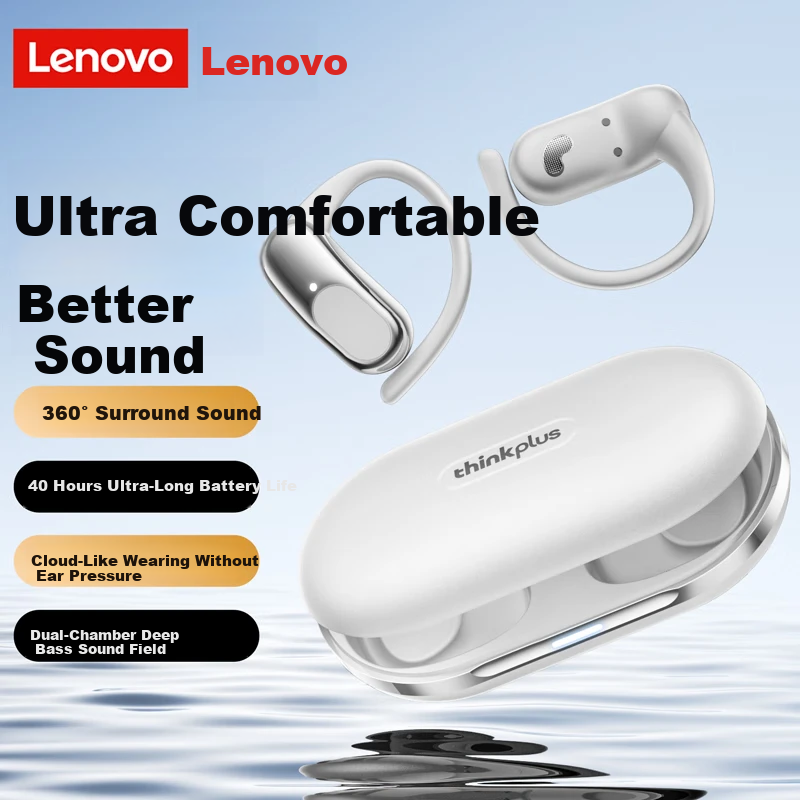 Lenovo LK7 White Wireless Bluetooth Bone Conduction Earhook Headphones Sports Running Gaming Noise-Cancelling Open-Ear Clip Long Battery Life Hot Selling Model