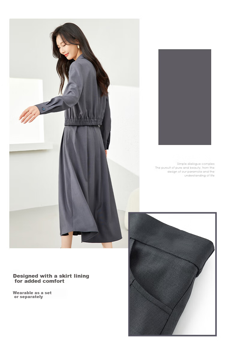 Vimly Women's Stylish Two-Piece Dress Set Spring New Elegant High-Quality Top Gray M 7