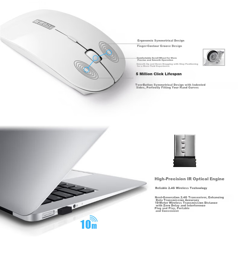B.O.W Hangshi HW098 Wireless Keyboard and Mouse Set for Laptop, External Desktop, Small Home Office, Silent USB Chocolate Portable 78-Key White 13