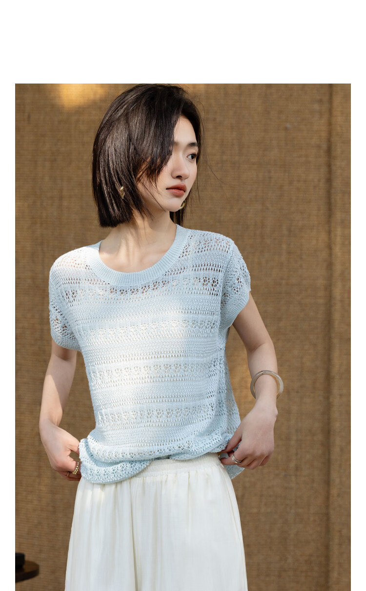 Demana [Lyocell] Summer Minimalist Hollow Jacquard Raglan Stripe Loose Slim Knit Sweater for Women Premium Feel 14