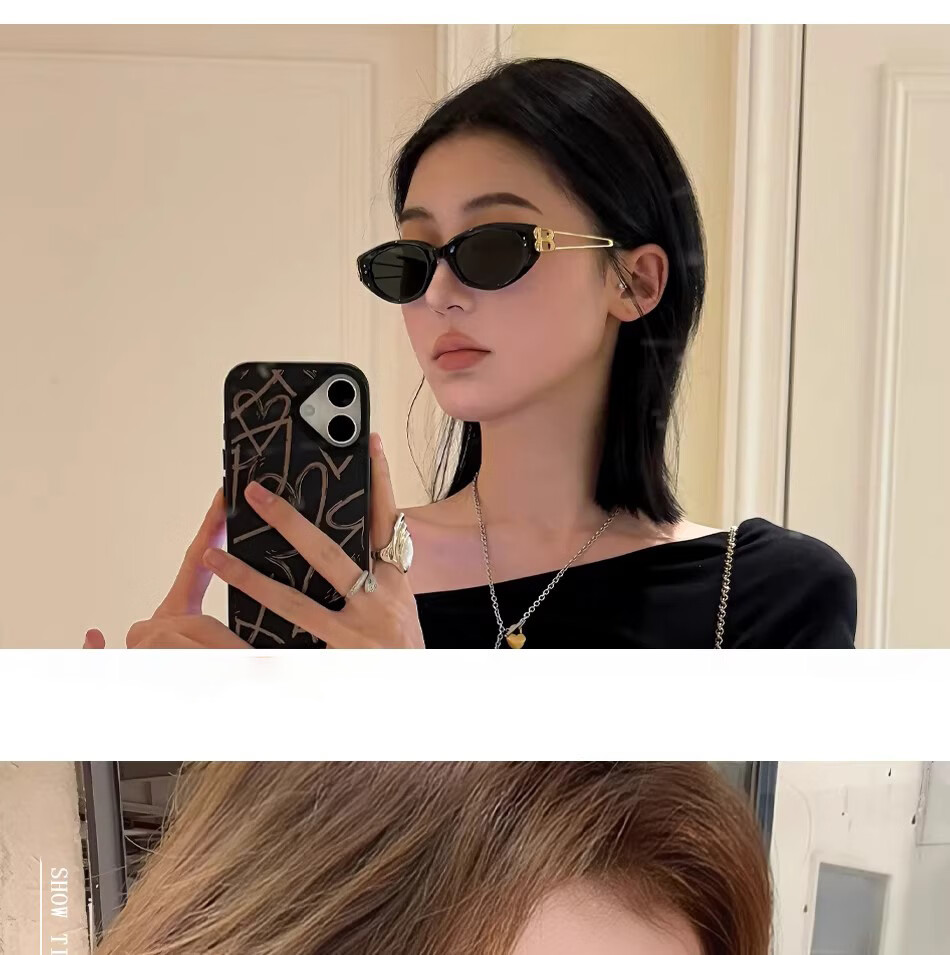 Boshide Polarized Vintage Cat Eye Sunglasses High-End Slimming Square Round Face Black Frame Gold Temples 7