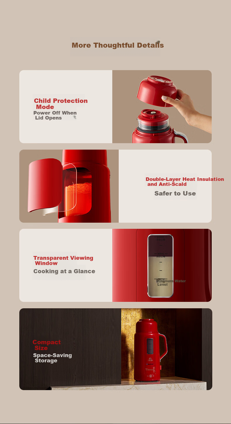 BLAUPUNKT [Innovative High-Pressure Blending] Home Soy Milk Maker, Automatic Blender, No Cooking Or Filtering Required, Self-Cleaning, New Small Heating Blending Machine, Red D3 7