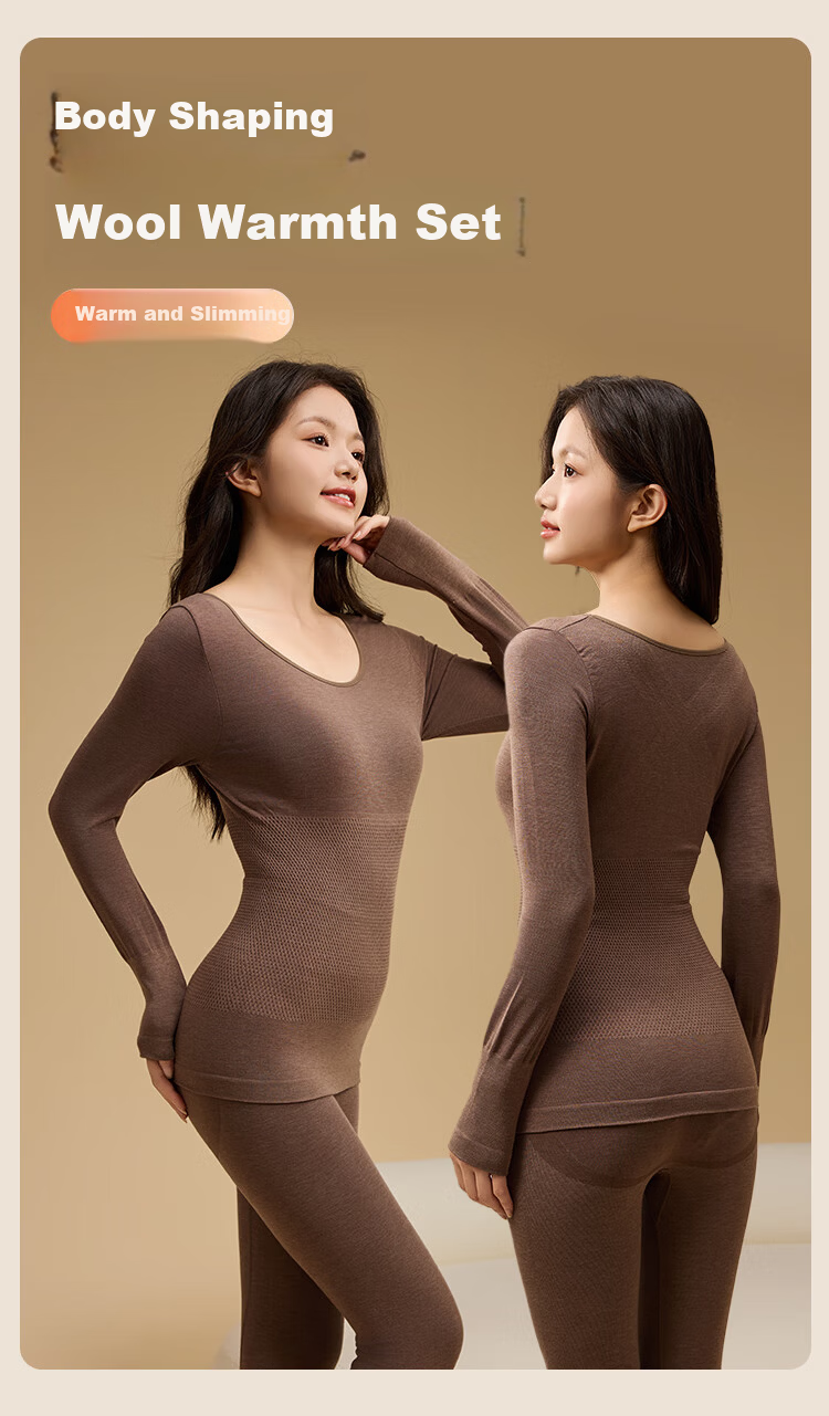 MiiOW Women's Thermal Underwear Set Seamless Slim Wool Heat Retaining Autumn Winter Body Shaping Top and Bottom 1