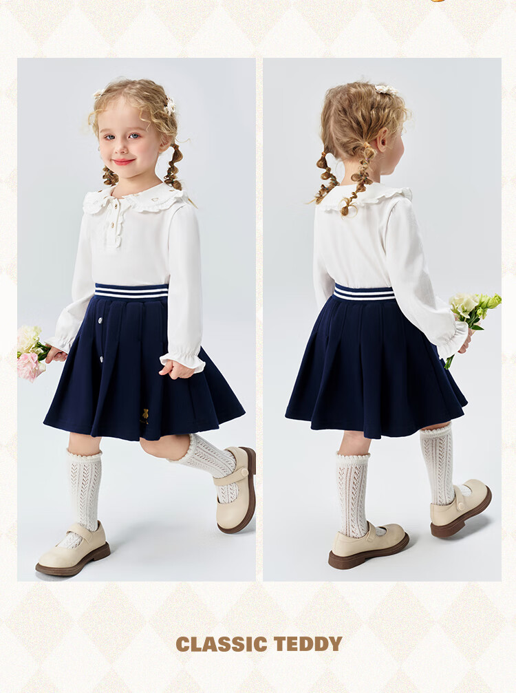 Classic Teddy Girls' Pleated Skirt Children's Sports Style Skirt Dark Blue Size 90 12