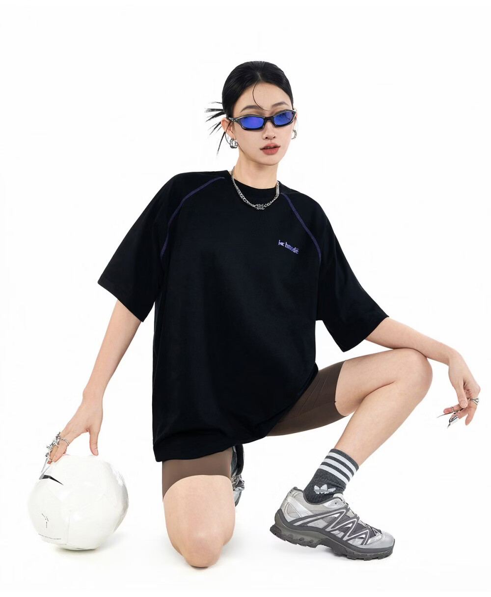 ICH MODE Hasselblad Line Round Neck Short Sleeve T-Shirt Women Summer New Outdoor Sports Half Sleeve Five-Point Sleeve Top Black M 17