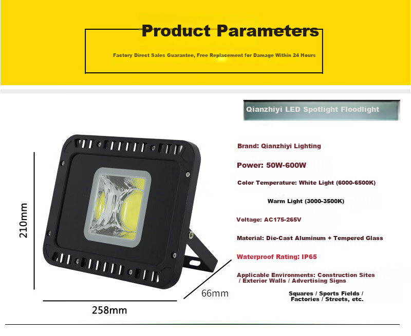 Qianzhiyi LED Floodlight High Power 400W Outdoor Waterproof COB Spotlight for Factory Square Construction Site Warehouse Basketball Court High Brightness Lighting 16