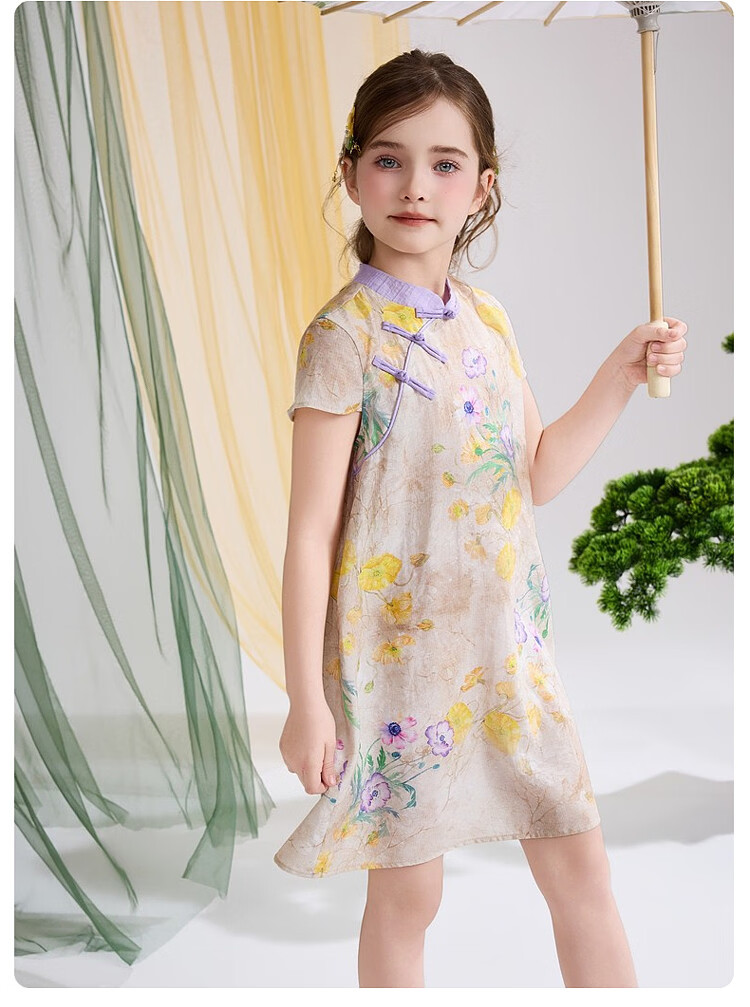ASK JUNIOR Chinese Style New Mid-Modern Children's Dress 2026 Summer Short Sleeve Qipao Dress for Girls 11
