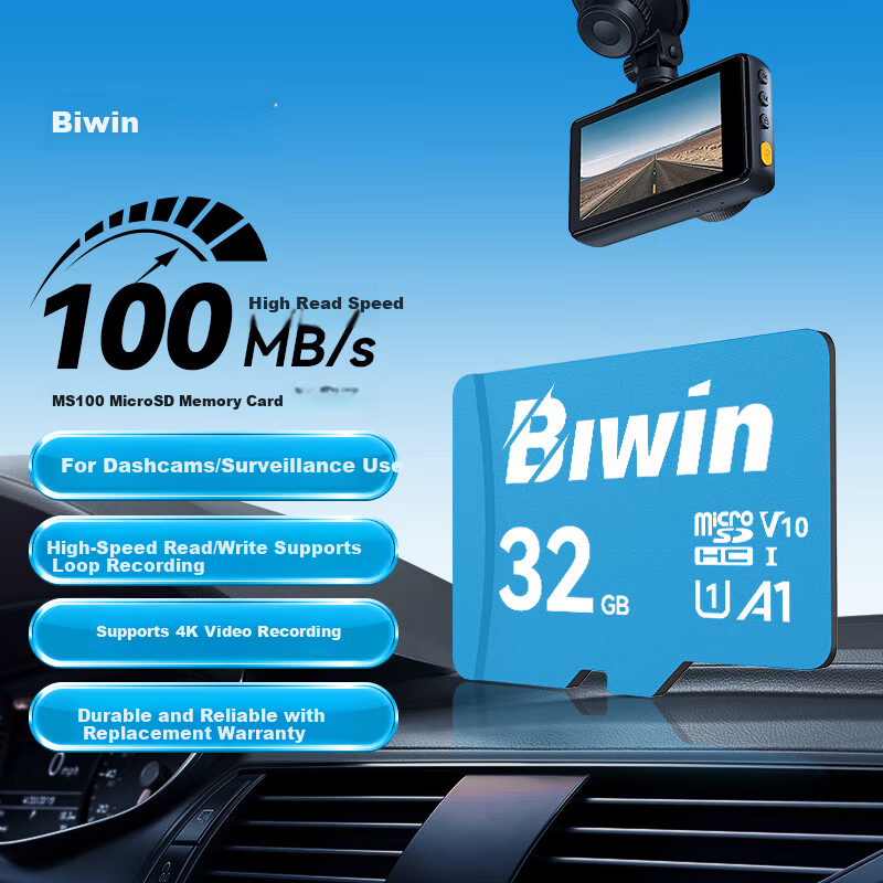 BIWIN 32GB TF (MicroSD) Memory Card A1 U1 V10 C10 MS100 Storage Card 100MB/s Read Speed Compatible with Dash Cam/Surveillance Camera