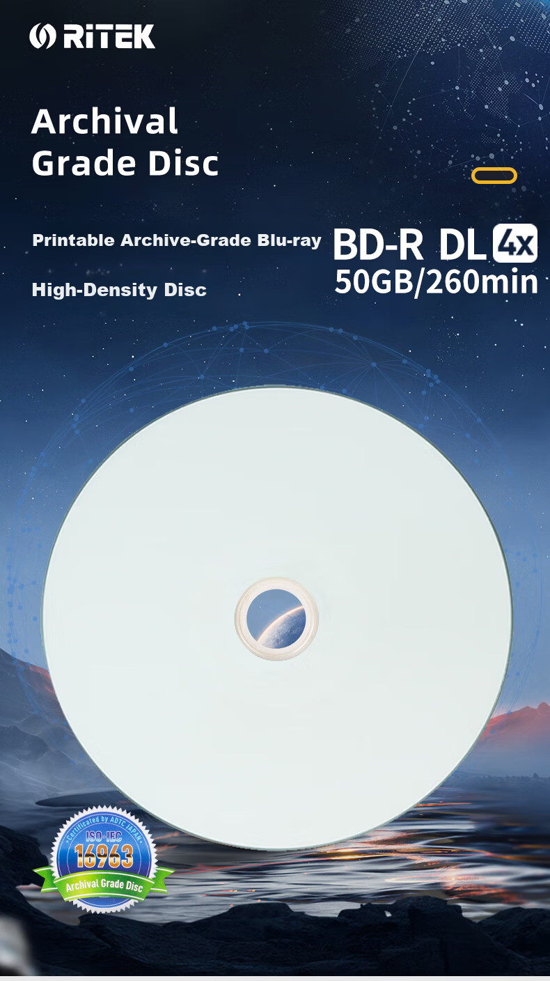 RITEK BD-R DL Printable Blu-ray Disc ISO/IEC16963 Archive Grade Blank Disc 6x Original 50GB Century Storage High Capacity Single Pack 1