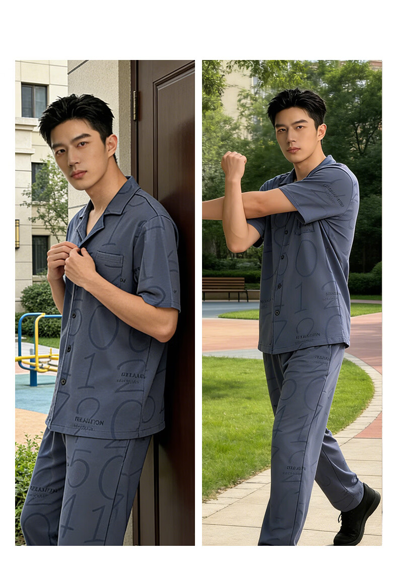Hengyuanxiang 100% Cotton Men's Pajamas Polo Collar Cardigan Antibacterial Mite-Resistant Short Sleeve Long Pants Summer Casual Homewear Suitable for Outdoors 9