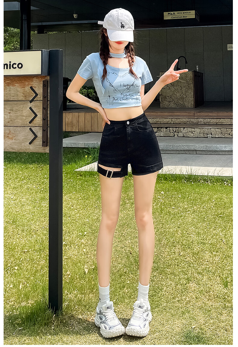 Jeanswest Women's Denim Shorts 2026 Spring Summer High Waist A-Line Slim Functional Style Hot Pants Black M 15