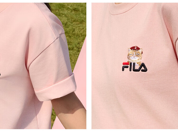 FILA Official 2026 Summer Couple Short Sleeve T-Shirt Casual Loose Fit Cotton Cat Knit Tee 44