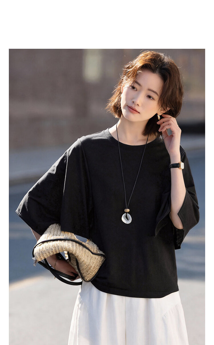 Demana [Lyocell] Summer Elegant Round Neck Three-Quarter Bell Sleeve Loose Slim Fit Petite T-Shirt for Women Premium Quality 13