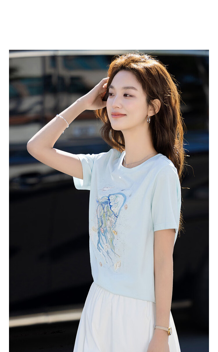 Demana [Cool Feeling Sorona] Summer Fashion 3D Ceramic Starfish Handmade Beaded Slimming Concealing T-Shirt for Women Premium 14