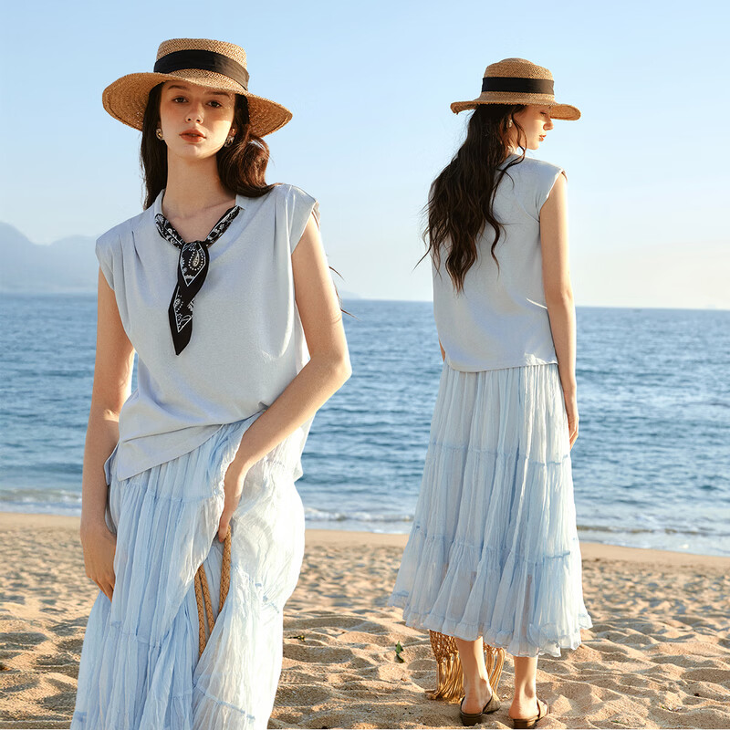 Olrain Eurielle Scarf Collar Short Sleeve T-Shirt Women Summer New Casual Simple Commuter Knit Top Blue M