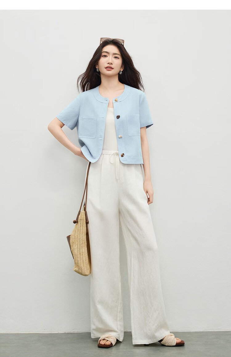 Shangdu Bila Linen Lyocell Jacket Women Spring Summer Petite Round Neck Colorblock Button Short Coat Light Luxury Elegant Cardigan 18