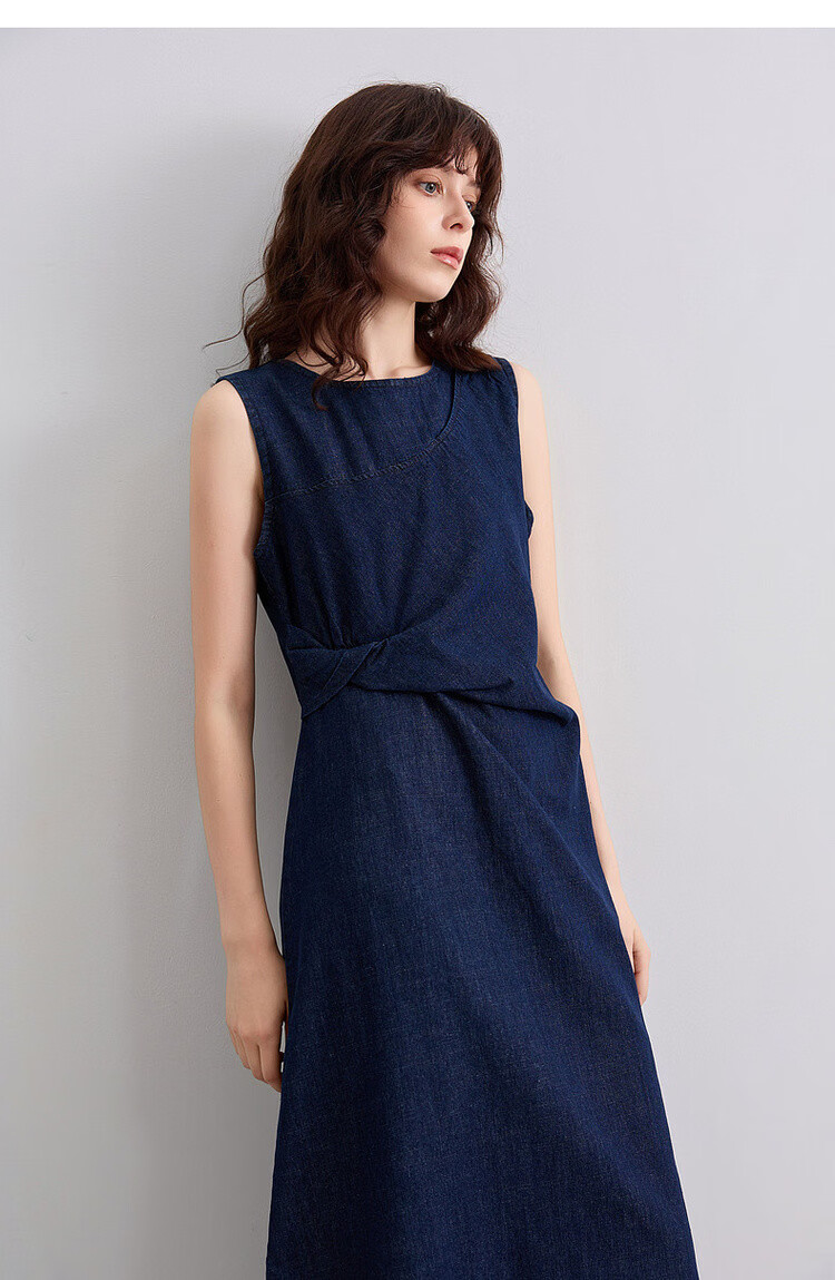 Demana [Denim Filter] Summer Vintage Round Neck Sleeveless Pleated Waist Slimming Mid-Length Denim Dress for Women 15