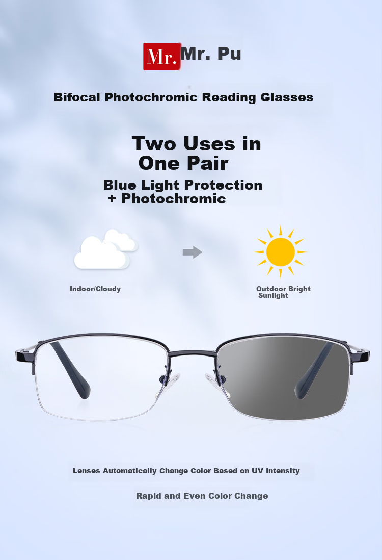 Mr. Pu Photochromic Blue Light Blocking Reading Glasses Unisex Memory Titanium Multifocal +3.5 Diopters (Ages 70+) 1