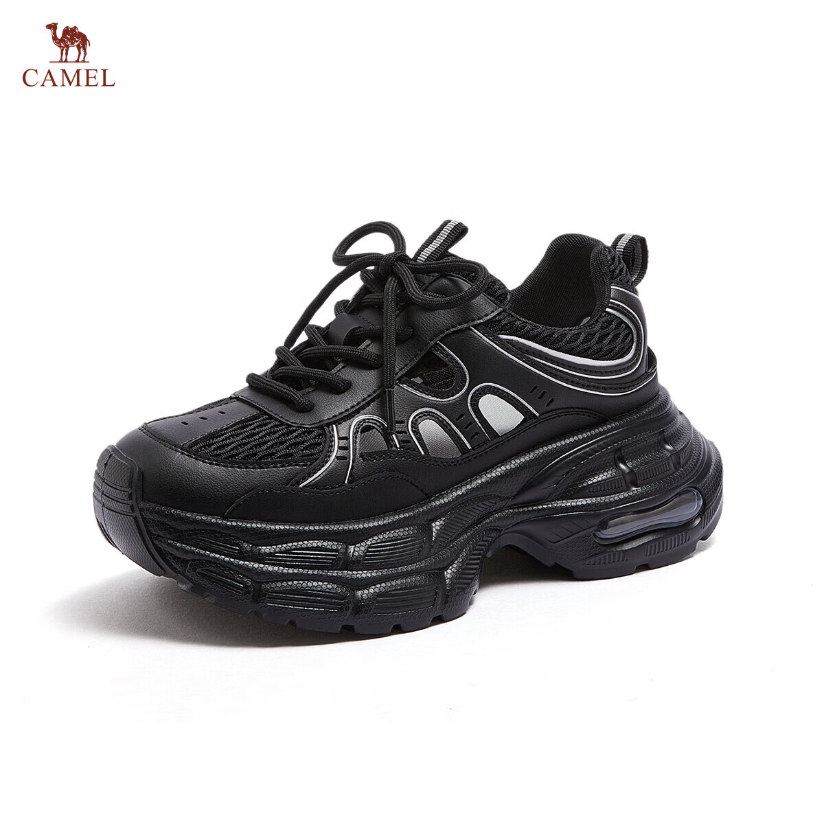 CAMEL Women's Dad Sneakers Breathable Mesh Lightweight Height Increasing Casual Shoes L26M255030 Black Size 35