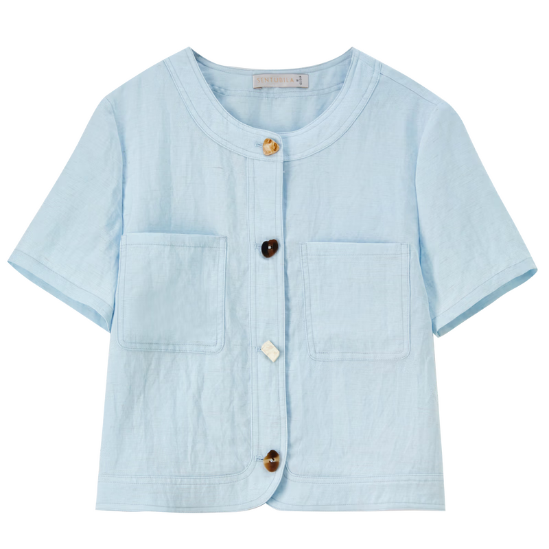 Shangdu Bila Linen Lyocell Jacket Women Spring Summer Petite Round Neck Colorblock Button Short Coat Light Luxury Elegant Cardigan