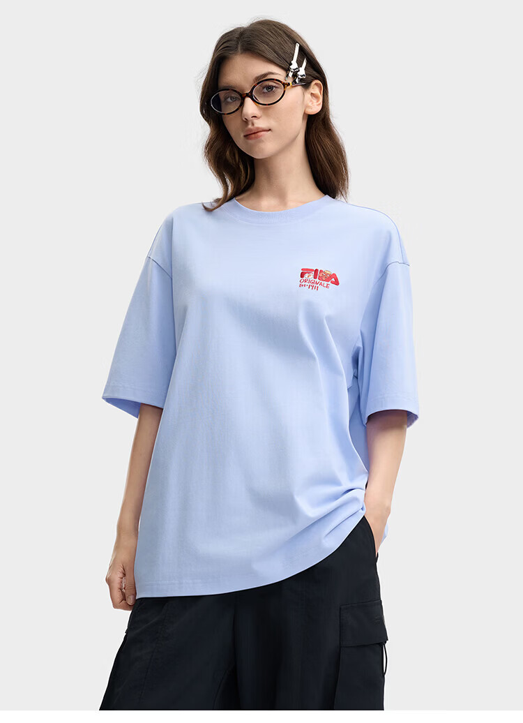 FILA Official Couple's Knitted Short Sleeve Shirt 2026 Summer Fashion Casual Unisex Loose Cat Embroidery T-Shirt 54
