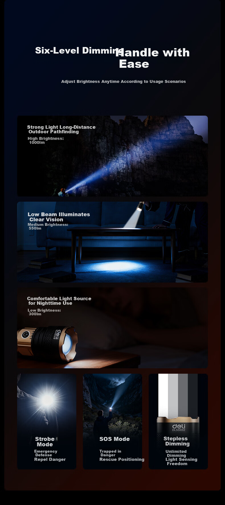 Deli Flashlight High Brightness Zoomable Long-Range Laser Compact Ultra-Long Battery Rechargeable for Home Military Outdoor Survival 4