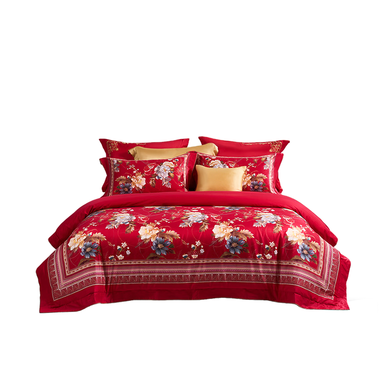 Fuanna Wedding Four-Piece Set Pure Cotton 60s Sateen Long-Staple Cotton Chinese Style Bedding Set 230*229cm Floral Red