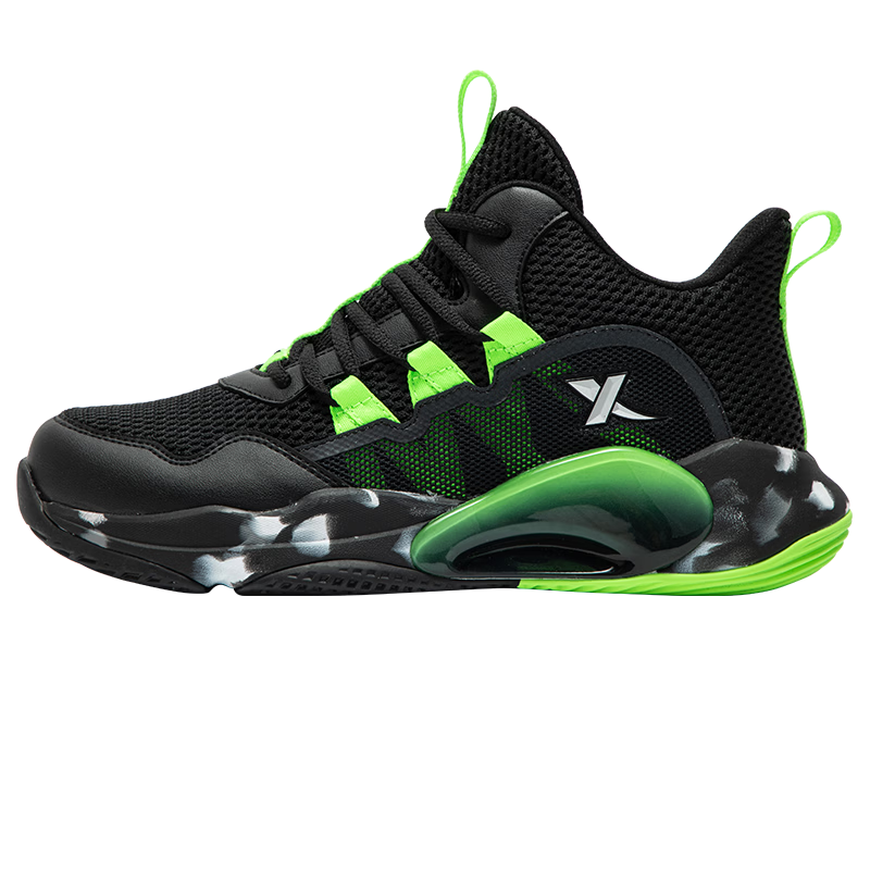 Xtep Kids Zhanmou Mesh Leather Sports Shoes Boys Protective Non-slip Basketball Shoes Black/Fluorescent Electric Green Size 36