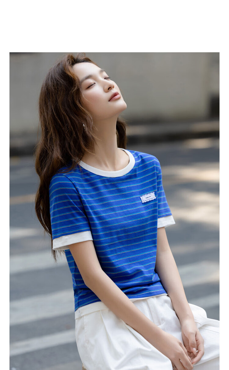 Demana [Gentle Pure Cotton] Summer Retro Stripe Color-Block Applique Slim Fit Petite T-Shirt for Women Premium Quality 10