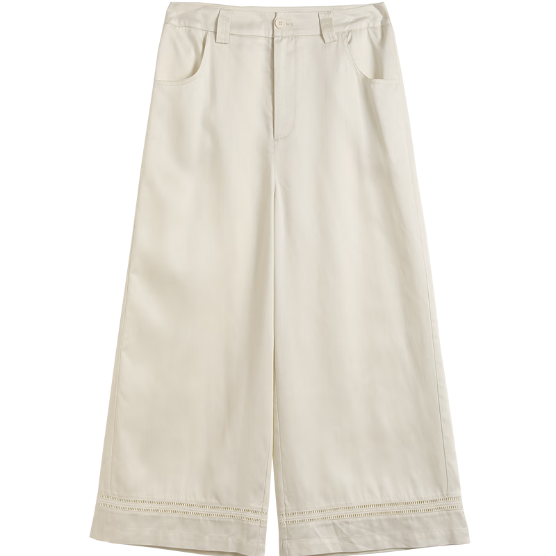 Demana [100 Lyocell] Summer Cropped Pants Simple Style Lace Splicing Straight Loose Slim Casual Pants for Women