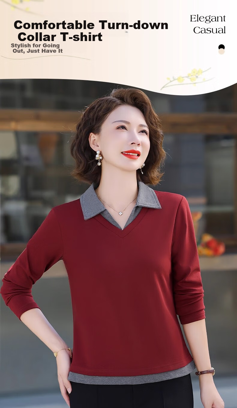 Woodpecker Women's Autumn Polo Shirt with Lapel Long Sleeve, Fake Two-Piece, Plus Size, Maroon, M 1