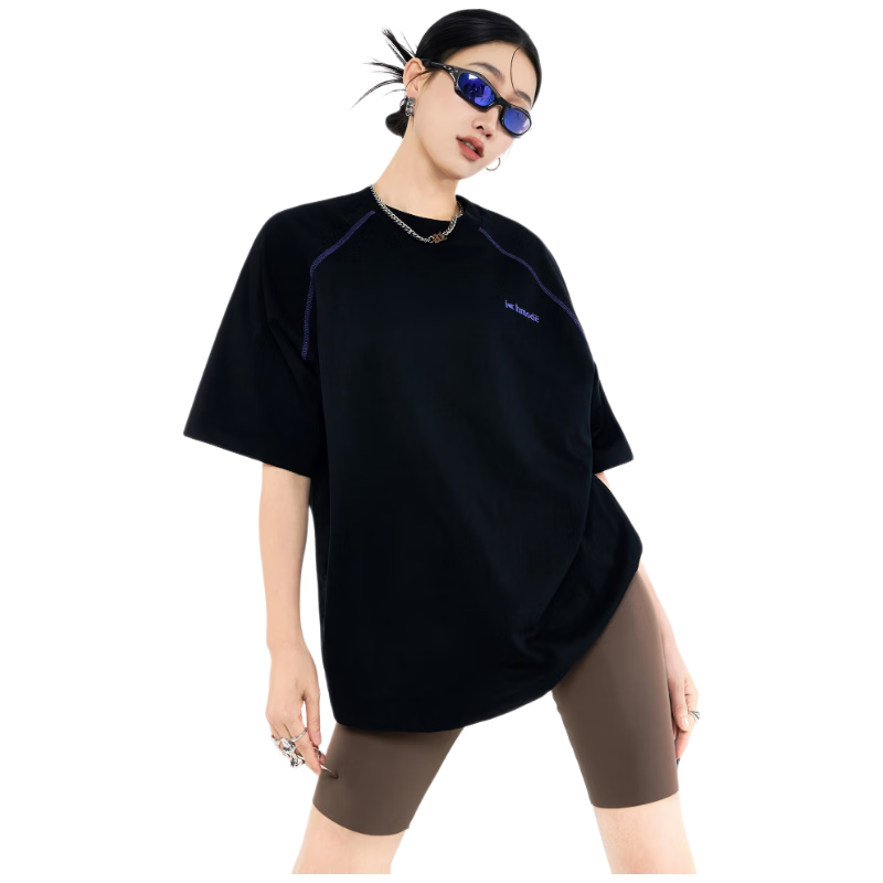ICH MODE Hasselblad Line Round Neck Short Sleeve T-Shirt Women Summer New Outdoor Sports Half Sleeve Five-Point Sleeve Top Black M