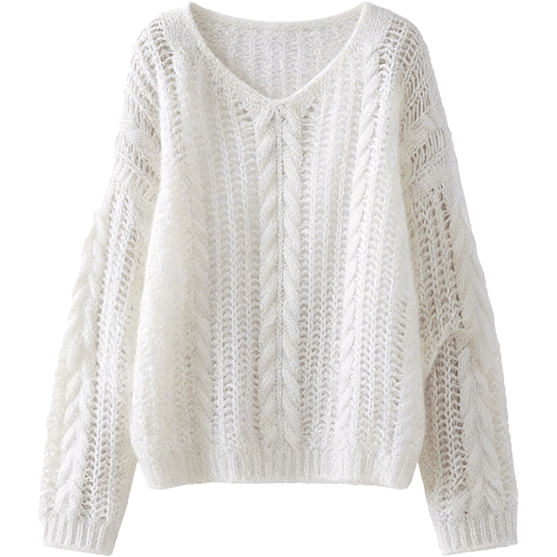 Demana [With Merino Wool] Spring Breathable V-Neck Hollow Jacquard Loose Slim Fit Soft Stretch Knit Sweater for Women Premium Quality