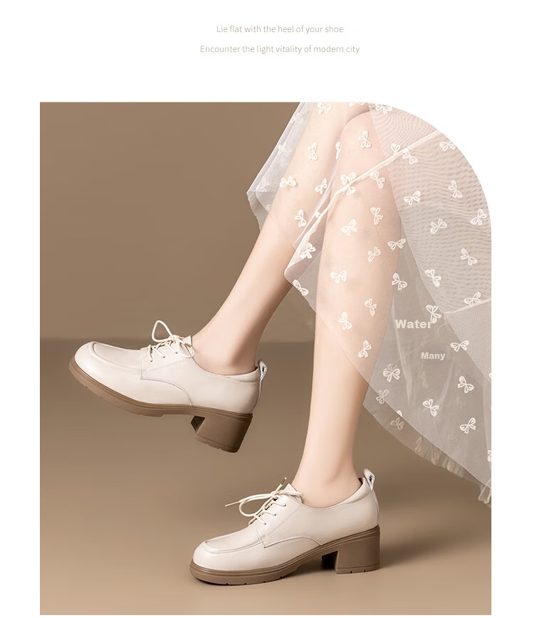 ZHR ZEZHE First Layer Cowhide Women's Commuter Thick Heel Lace-up Work Professional Loafers KM07 Beige Size 37 11