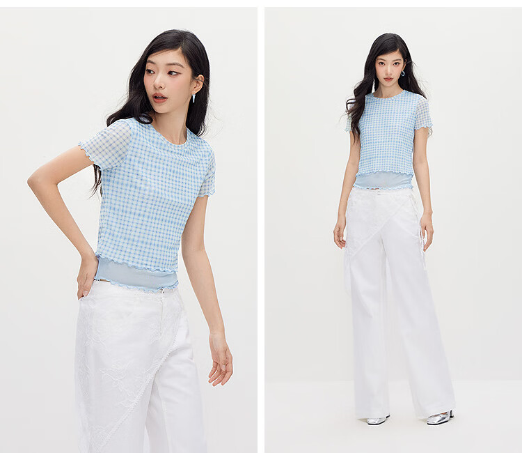 Semir Women's Short Sleeve T-Shirt Summer Short Plaid Mesh Fake Two-Piece Slim Fit 2026 Design Top 109326100013 4