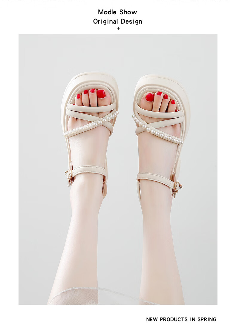 Cartelo Crocodile Women's Sandals Summer New Pearl Chunky Heel Fashion Versatile Thick Sole Casual Shoes 1771 Beige Size 38 12