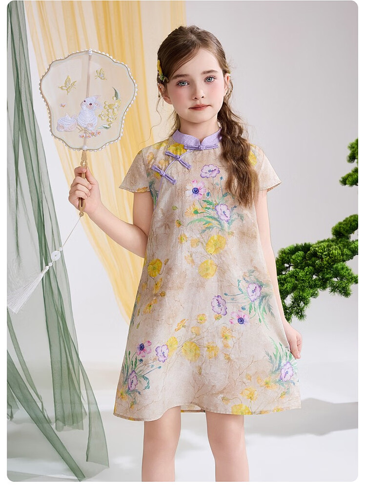 ASK JUNIOR Chinese Style New Mid-Modern Children's Dress 2026 Summer Short Sleeve Qipao Dress for Girls 10