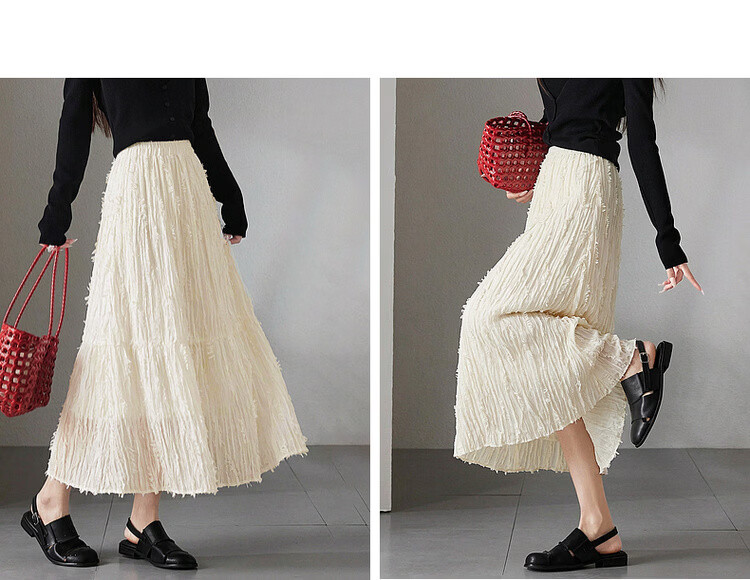 Demana "Yunshang Wubai" Summer Crinkled Texture Tassel Mesh Skirt Lightweight Flowing A-Line Long Skirt for Women 8