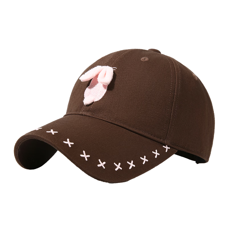 CACUSS Women's Duckbill Cap Spring Summer Cute Embroidered Little Rabbit Pure Cotton Soft Top Baseball Cap Playful Youthful Face-Slimming Dark Brown