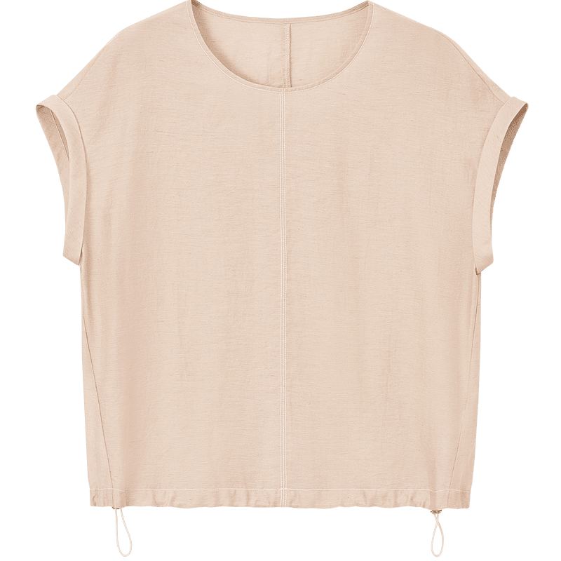 Demana [With Linen] Summer Elegant Drop Shoulder Sleeve Color-Block Stitching Drawstring Hem Loose Slim Shirt for Women High-End Feel