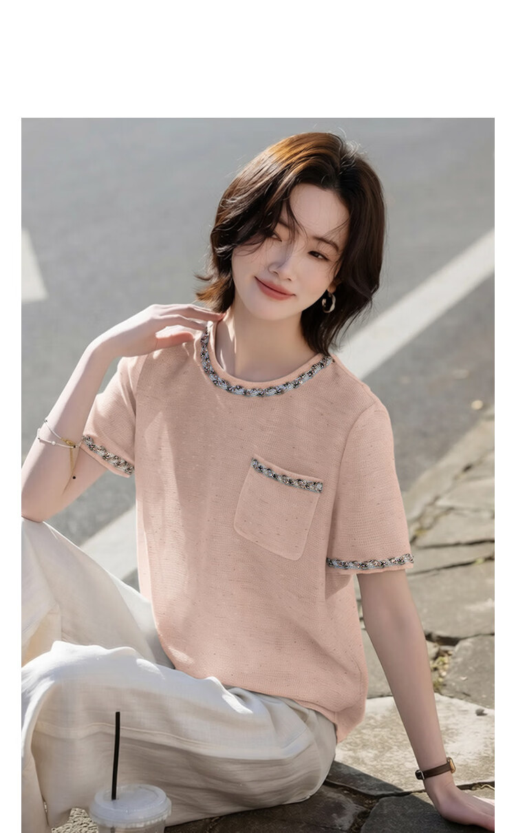 Demana [French Heiress] Summer Little Coco Style Ribbon Round Neck Short Sleeve Loose Slim Fit Petite Shirt for Women High-End Feel 11