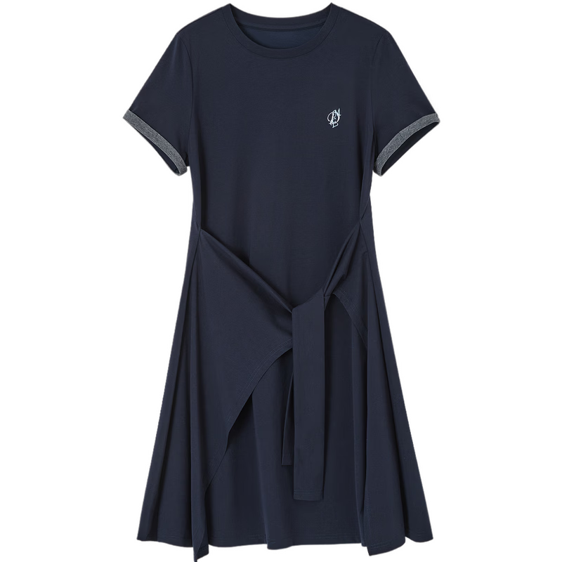 Demana [Cool Sorona] Summer Korean Style Round Neck Embroidered Patchwork Colorblock Short Sleeve Waist Cinched Short Dress for Women