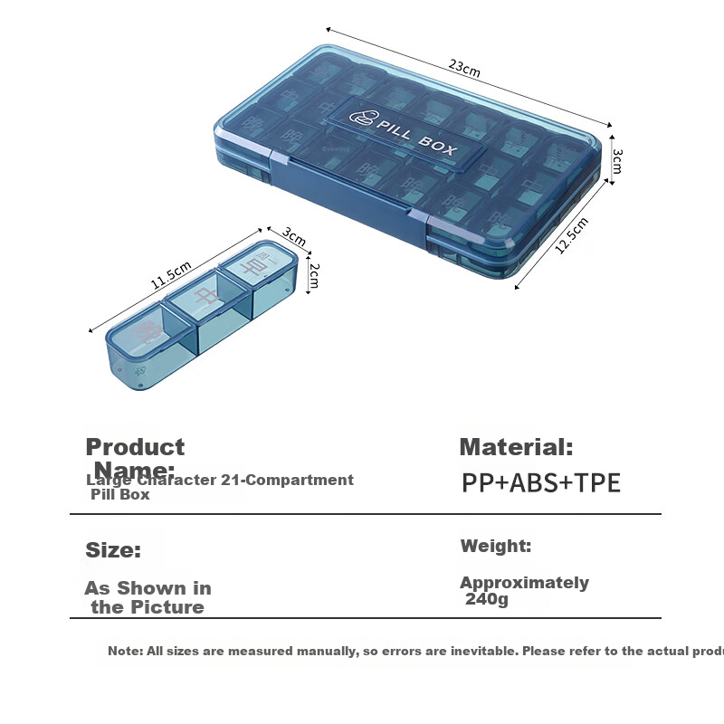 Daisy Leaf Elderly 21-Compartment Pill Organizer Large Print Morning Noon Evening Portable Medication Storage Box Blue