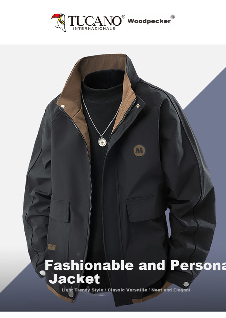 TUCANO Men's Spring Autumn Loose Jacket Stand Collar Casual Retro Workwear Black XL 1